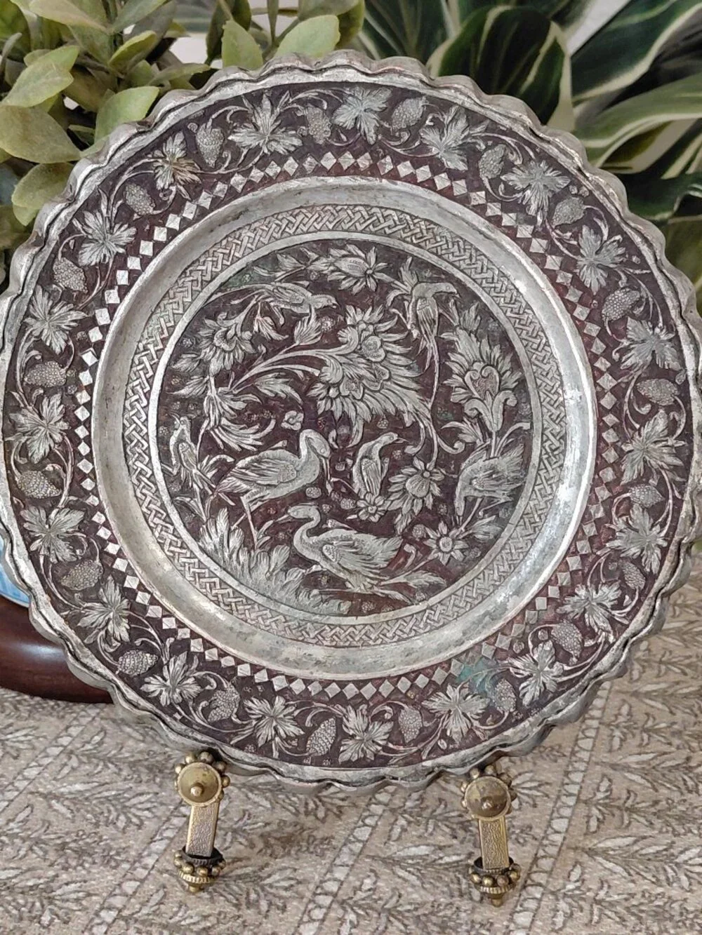 Vintage Persian Ghalamzani Plate with Cranes